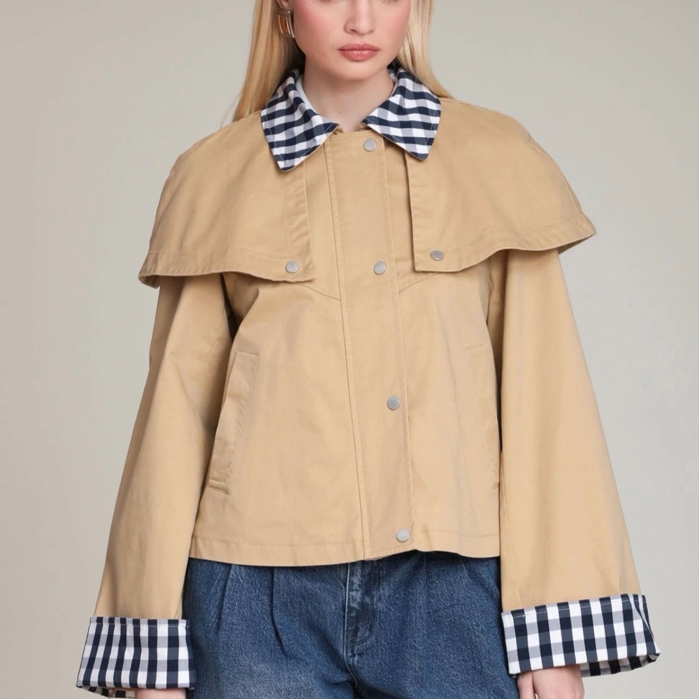 Avec Les Filles Beige Cape-Back Trench Jacket with Gingham Trim